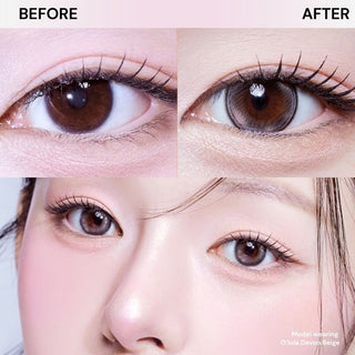 Before-and-after comparison of eyes with natural makeup wearing EyeCandys Olola Meow Devon Beige lens, showing subtle warm beige enhancement.