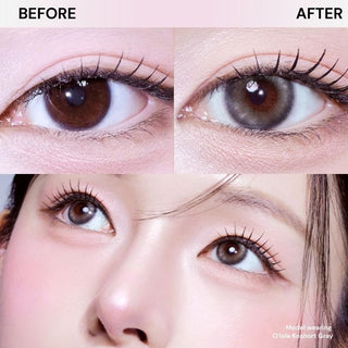 Close-up of eyes with long lashes and natural makeup before and after wearing EyeCandys Olola Meow Koshort Grey prescription colored contact lens, highlighting soft grey eye tones.