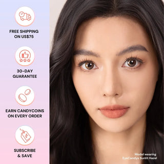 Close-up of model’s face with natural makeup wearing EyeCandys Sunlit Hazel prescription colored contact lens, highlighting warm hazel eyes.