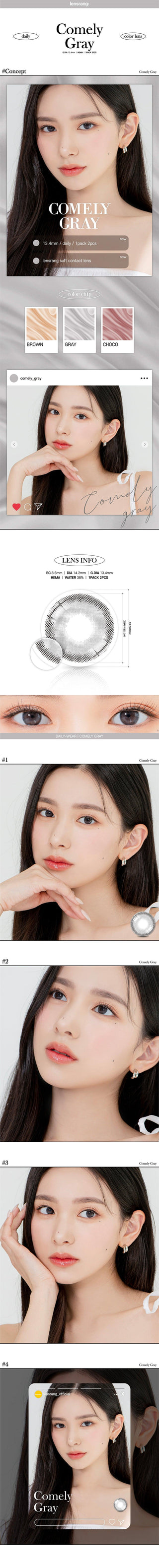 Model demonstrating a Kpop-inspired look with Lensrang Comely Grey coloured contact lenses, demonstrating the brightening and enlarging effect of the circle contact lenses on her dark eyes.
