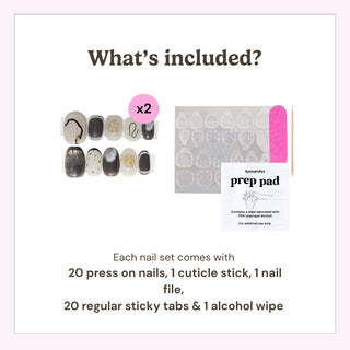 Reusable press on nails kit by EyeCandys including 20 nails, nail file, cuticle stick, alcohol wipe, and 10 sticky tabs for secure application.
