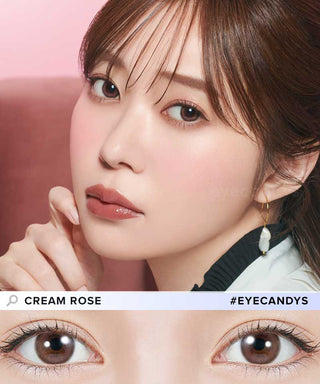 Model wearing EyeCandys Cream Rose prescription colored contact lenses on dark brown eyes, with close-up of lens effect shown below – ideal color contact lenses