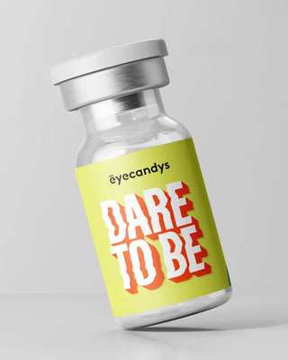 EyeCandys Dare to Be contact lens glass vial bottle – premium packaging for colored contact lenses, including prescription colored contact lenses