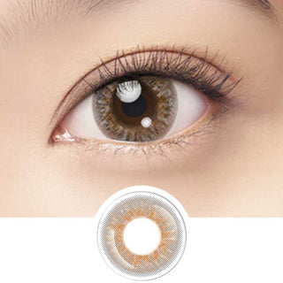 Close-up of eye wearing EyeCandys Dear Brown colored contact lens – soft brown tone with a natural look and subtle limbal ring for enhanced eye definition. Below is the lens design. Available in prescription strength for colored contact lenses.