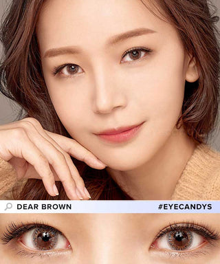Girl’s face wearing EyeCandys Dear Brown colored contact lenses with natural makeup – soft brown lenses that enhance natural beauty with a subtle, realistic look. Below is a close-up of her eyes showcasing the lens design.