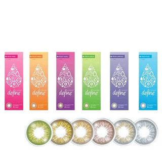 A set of Acuvue Define contact lens boxes with different colors with cutout detail of the contact lens below them showcasing stunning different colors such as Green, Brown, Beige, Choco, Grey, and Blue