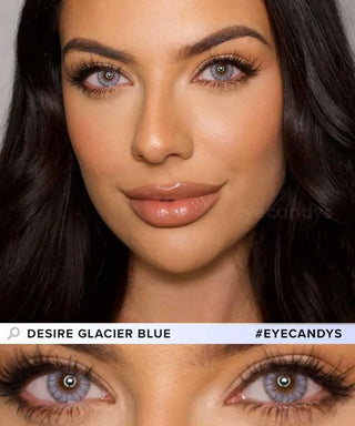 Model showcasing the vibrant color of EyeCandys Desire Glacier Blue contact lenses on dark eyes with elegant makeup look, above a closeup cutout of the lenses on her eyes.