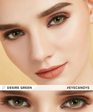 Close-up of a woman’s flawless face, green eyes highlighted by EyeCandys Promotion Desire Series contacts, defined brows, long lashes, and natural makeup. Text overlay: "Desire Green" and "#EYECANDYS" at the bottom.