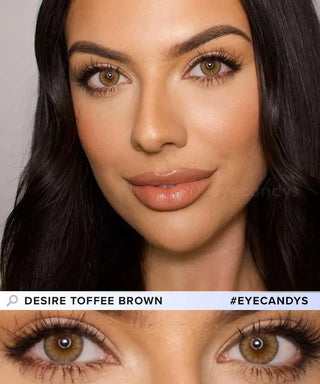 Model showcasing the vibrant color of EyeCandys Desire Toffee Brown contact lenses on dark eyes with elegant makeup look, above a closeup cutout of the lenses on her eyes.