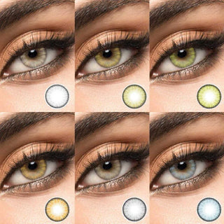 Six close-up eye shots, each wearing EyeCandys Promotion Desire Series colored contacts in shades like grey, green, hazel, and blue. Circular insets below show the color of these prescription lenses (1 pair—same prescription as other pairs).