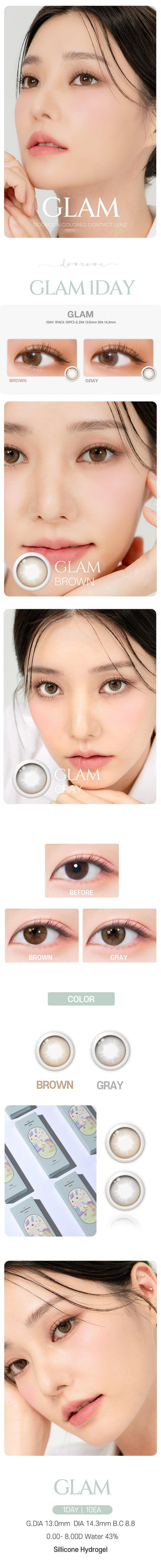 Variety of DooNoon Glam 1-Day Brown (10pk) contact lens colors displayed, with closeups of an eye wearing the contact lens colors, and with a model wearing the contact lens colors showing realistic eye-enlarging effect from various angles.