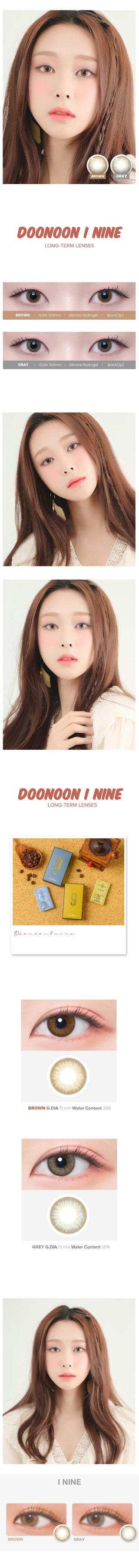 Variety of DooNoon I Nine Brown contact lens colors displayed, with closeups of an eye wearing the contact lens colors, and with a model wearing the contact lens colors showing realistic eye-enlarging effect from various angles.