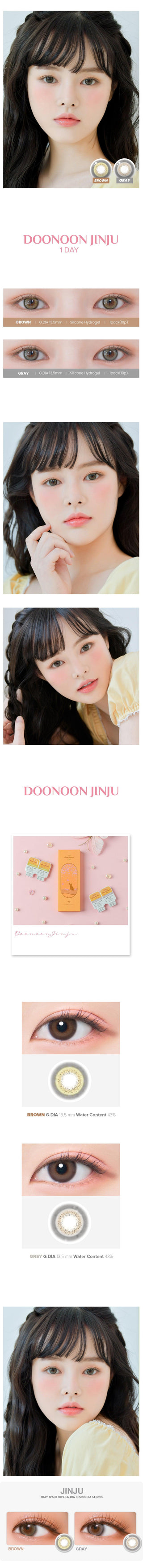 Variety of DooNoon Jinju 1-Day Brown (10pk) contact lens colors displayed, with closeups of an eye wearing the contact lens colors, and with a model wearing the contact lens colors showing realistic eye-enlarging effect from various angles.