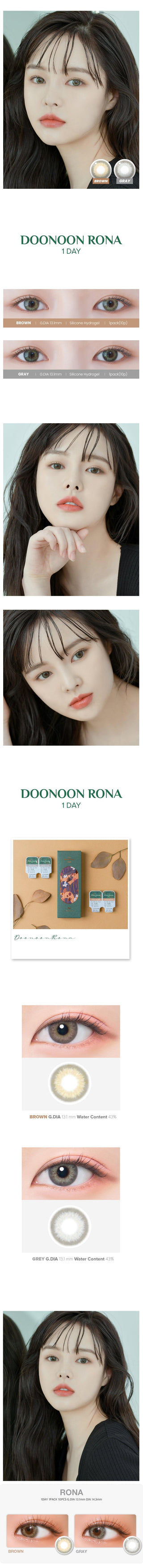 Variety of DooNoon Rona 1-Day Brown (10pk) contact lens colors displayed, with closeups of an eye wearing the contact lens colors, and with a model wearing the contact lens colors showing realistic eye-enlarging effect from various angles.