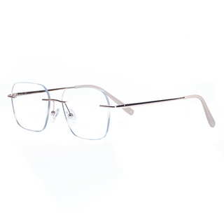 The EyeCandys Dusk Rimless Rectangular features thin, rectangular metal frames, clear nose pads, and slender temples with light-colored tips—perfect minimalist eyewear set against a white background.