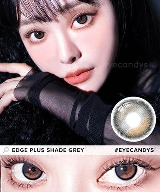 Model showcasing the natural look using i-Sha Oriana Edge Plus Shade Grey prescription colored contact lenses, above a closeup of a pair of eyes enhanced and widened by the circle lenses.