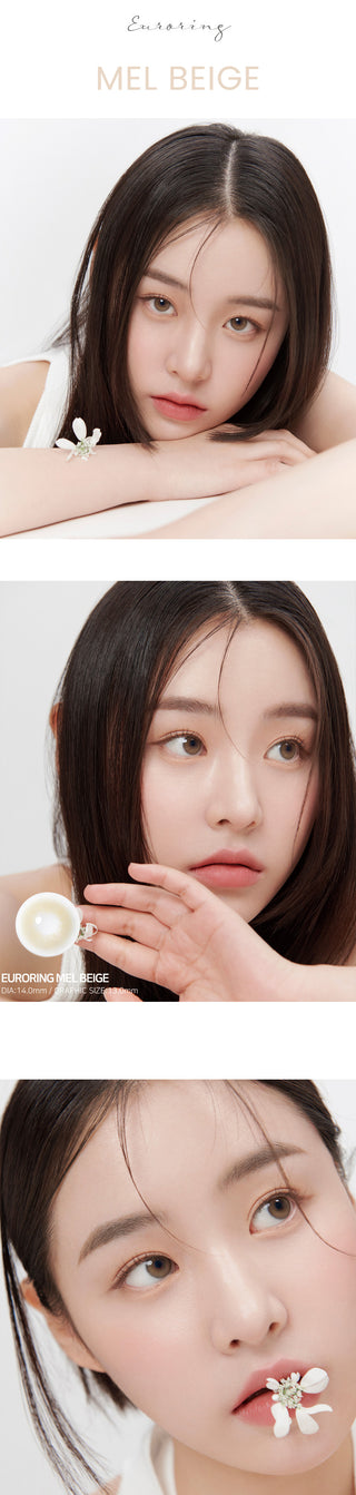Model wearing the Euroring Beige color eye contacts, showing the clean makeup effect that the lens delivers