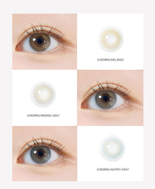 Variety of i-DOL Euroring brown and grey contact lens colors displayed, modelled on eyes wearing the color contacts showing realistic effect.