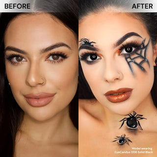 Before and after of model’s face wearing EyeCandys 006 Solid Black prescription colored contact lenses, bold black cosplay contacts for costume, Halloween, and special effects