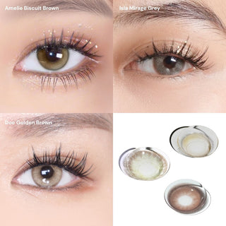 Collage featuring close-up eyes with long wispy lashes wearing EyeCandys Amelie Biscuit Brown, Isla Mirage Grey, and Doe Golden Brown colored contact lenses, followed by macro shots of each lens showing detailed iris patterns, color depth, natural blending, and subtle enlargement.