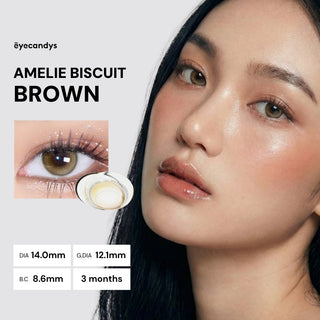 Model with natural makeup wearing EyeCandys Amelie Biscuit Brown prescription coloured contacts, close-up of eyes, warm brown tones enhancing natural look and eye color