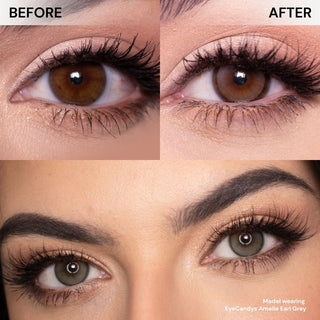 Close-up of eyes with long lashes before and after wearing EyeCandys Amelie Earl Grey colored contact lenses, showing soft grey tint, smooth blending, and natural enhancement.
