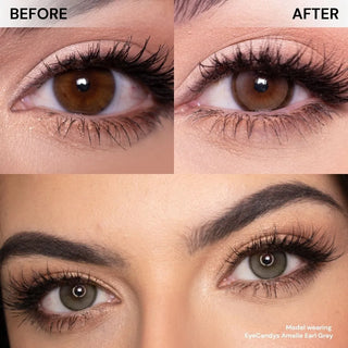Close-up of eyes with long lashes before and after wearing EyeCandys Amelie Earl Grey colored contact lenses, showing soft grey tint, smooth blending, and natural enhancement.