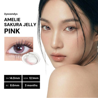 Model with natural makeup wearing EyeCandys Amelie Sakura Pink Jelly prescription coloured contacts, close-up of eyes, soft translucent pink tones, enhancing natural beauty