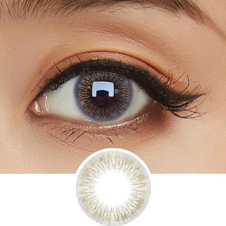 Close-up of eye wearing EyeCandys Attitude Grey contact lens – natural grey color with subtle enlarging effect
