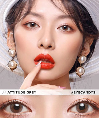 Model wearing EyeCandys Attitude Grey contact lenses – full face view above and close-up of eyes with lens detail below
