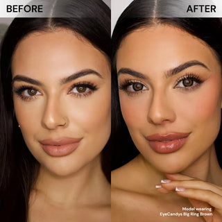 Before and after of model’s face wearing EyeCandys Big Ring Brown prescription colored contact lenses, natural brown circle lenses for eye enlargement and daily comfort.