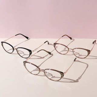 Eyecandys Bonbon Prescription Reading Glasses in Black Gold, Tortoiseshell, and Brown frames with Blue Light Blocking, Zeiss HMC lenses, Photochromic UV Responsive (Transition), and Polarized Sunglasses for clear vision and comfort