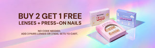 EyeCandys Bunnie and Doe contact lenses with press-on nails packaging during Pride Week Sale, limited-time promotion on trending beauty products.