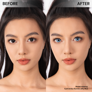 Model before and after wearing EyeCandys Bunnie Jelly Blue prescription colored contact lenses - natural makeup, vibrant blue eye transformation, comfortable daily wear, trendy cosmetic lenses for natural enhancement