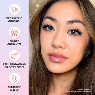 Model wearing Eyecandys Bunnie Jelly Blue prescription colored contact lenses, promo with free shipping $75+, 30-day guarantee, CandyCoins rewards, subscribe and save