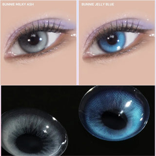 Close-up images show one eye with EyeCandys Bunnie Milky Ash Grey contact lens and the other with "Bunnie Jelly Blue." Both glowy design lenses are also displayed separately below.
