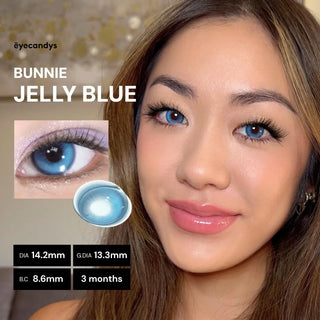 Model wearing Eyecandys Bunnie Jelly Blue prescription colored contact lenses, 14.2 DIA, 13.3 G.DIA, 8.6 BC, 3 months use