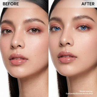 Model’s face before and after wearing EyeCandys Bunnie Jelly Blue prescription colored contact lens, showing vibrant blue eye color enhancement