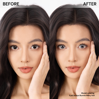 Model before and after wearing EyeCandys Bunnie Milky Ash Grey prescription colored contact lenses - natural makeup, subtle transformation, comfortable daily wear, trendy cosmetic lenses for natural eye enhancement