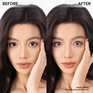 Model before and after wearing EyeCandys Bunnie Milky Ash Grey prescription colored contact lenses - natural makeup, subtle transformation, comfortable daily wear, trendy cosmetic lenses for natural eye enhancement