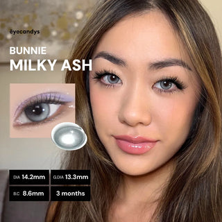 Model wearing Eyecandys Bunnie Milky Ash Grey prescription colored contact lenses, 14.2 DIA, 13.3 G.DIA, 8.6 BC, 3 months use