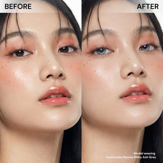 Model’s face before and after wearing EyeCandys Bunnie Milky Ash Grey prescription colored contact lens, showing subtle grey eye color enhancement.