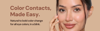 Model with dark brown eyes wearing EyeCandys Cashmere Hazel contact lens on one eye, showcasing the color difference and natural enhancement