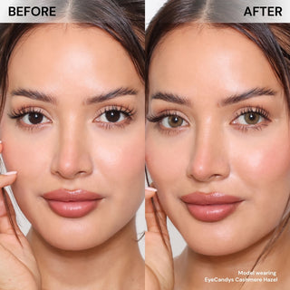Model’s face with natural makeup and long lashes before and after wearing EyeCandys Cashmere Hazel prescription colored contact lenses showing natural hazel eye color