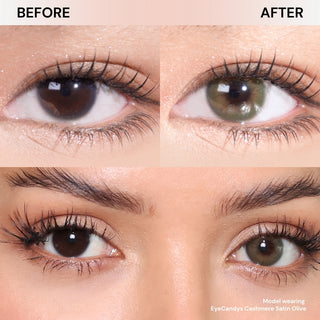 Close-up of eyes with long lashes wearing EyeCandys Cashmere Satin Olive prescription colored contact lenses, natural makeup look