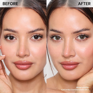 Model before and after wearing EyeCandys Cashmere Satin Olive prescription colored contact lenses showing natural olive green eye color enhancement
