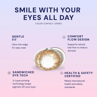 Macro shot of EyeCandys Shade colored contact lens – gentle fit, Comfort Flow design, sandwiched dye technology, and health & safety certified