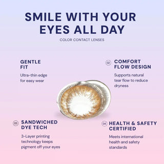 Macro shot of EyeCandys Shade colored contact lens – gentle fit, Comfort Flow design, sandwiched dye technology, and health & safety certified