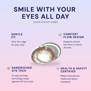 Macro shot of EyeCandys Shade colored contact lens – gentle fit, Comfort Flow design, sandwiched dye technology, and health & safety certified