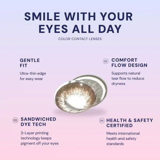 Macro shot of EyeCandys Shade colored contact lens – gentle fit, Comfort Flow design, sandwiched dye technology, and health & safety certified